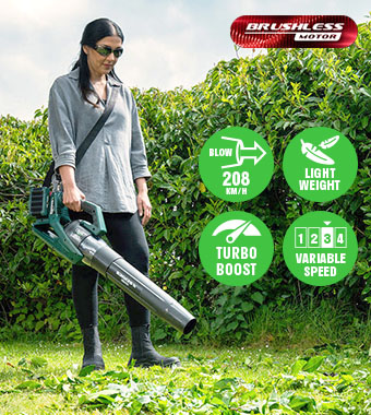 Woman clearing garden with the Webb X-Series WEV20X2ABB 40V cordless brushless axial leaf blower, with 208km/h air speed, turbo boost and 4-step variable speed