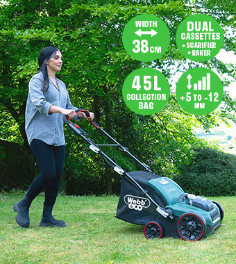 Webb X-Series WEV20X2SR 40V Cordless Lawn Raker Scarifier – 38cm, Dual Cassettes, 45L Bag Woman using the Webb X-Series WEV20X2SR 40V cordless lawn raker scarifier, with 38cm width, dual scarifier and raker cassettes, 45L collection bag and +5 to -12mm heights