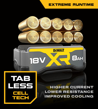 Built using the latest Li-ion tabless
cells to deliver high performance
results in demanding applications. DeWalt DCB1880-XJ 18v XR battery tabless Li-ion cell technology