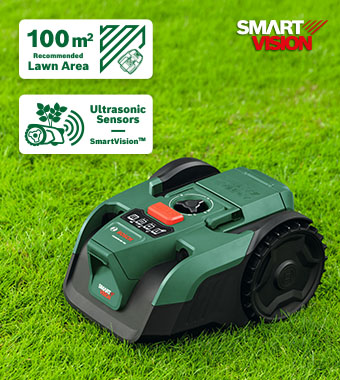 Bosch VISIMOW 18V-100: AI Camera & Ultrasonic Sensor Technology Bosch VISIMOW 18V-100 robotic mower featuring SmartVision AI camera and ultrasonic sensors for 100 square meter lawns