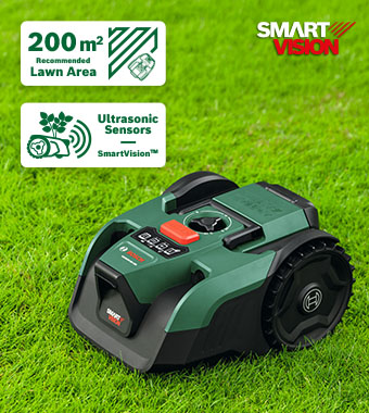 Bosch VISIMOW 18V-200: AI Camera & Ultrasonic Sensor Technology Bosch VISIMOW 18V-200 robotic mower featuring SmartVision AI camera and ultrasonic sensors for 200 square meter lawns