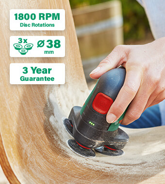 Cordless , handy, versatile for sanding and
polishing of flat and curved surfaces
With 3 rotating, movable discs for sanding and
polishing of flat, curved and rounded surfaces
Electronic speed preselection enables the perfect
speed for the job and material
Long-lasting sanding nets for high material removal
rate and excellent surface quality
Ideal for hardwood, softwood, varnished surfaces,
metal, and leather Bosch EasyCurvSander 12v Cordless Sander Polisher