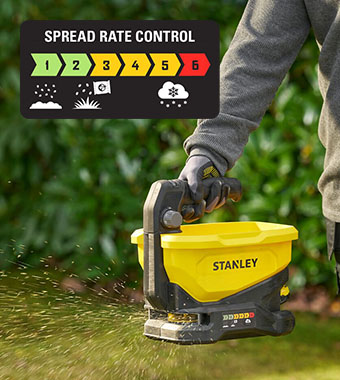 Stanley FatMax V20 STCOE300 18V Cordless Spreader – 6-Setting Spread Rate Control Stanley FatMax V20 STCOE300 18V cordless spreader in use on a garden lawn – 6-setting spread rate control showing seed and salt modes