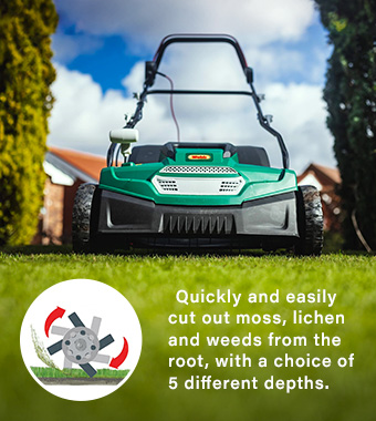 Quickly and easily cut out moss, lichen and
weeds from the root, with a choice of
5 different depths adjusted by a single lever. Webb WEESR Lawnraker Scarifier 5 Depths Aerating lawn 45-litre Collector
