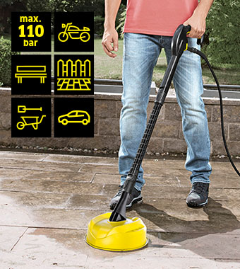 Kärcher K 2 Home Pressure Washer – 110 Bar, Application Areas Kärcher K 2 Home pressure washer with T 1 surface cleaner on a patio: max 110 bar, for bikes, furniture, fences, tools and cars
