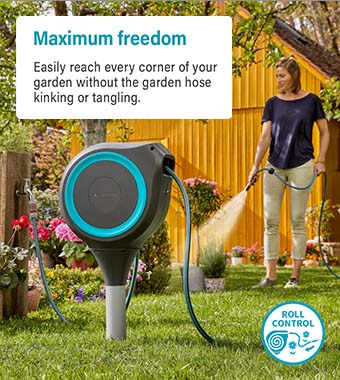 RollControl technology ensures slow
and safe retraction, no matter how
far the hose is unrolled. Gardena 18614-20 RollUp Hose Box Reel Ground Spike 20m RollControl