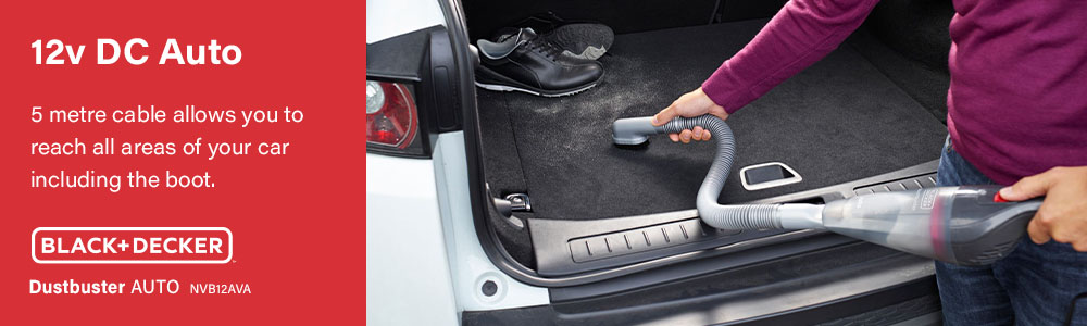 12VDC adapter fits into cigarette lighter
socket. 5 metre cable allows you to reach
all areas of your car including the boot. Black Decker NVB12AVA Car Dustbuster