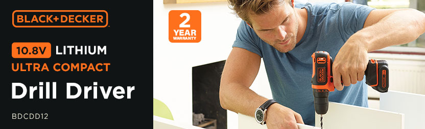 Black and Decker BDCDD12 10.8v Cordless Drill Driver Black & Decker BDCDB12 10.8V Cordless Drill Driver showcasing key features, 2-year warranty, the Li-ion power tool in-use for efficient flat-pack furniture assembly.