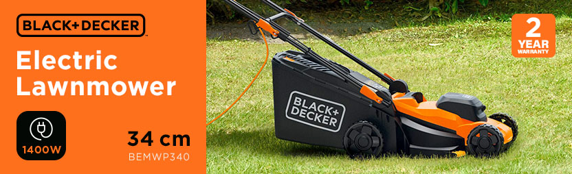 Black+Decker BEMWP340 1400W Electric Lawnmower – 34cm, 2 Year Warranty Black+Decker BEMWP340 1400W electric rotary lawnmower with 34cm cutting width and 2-year warranty