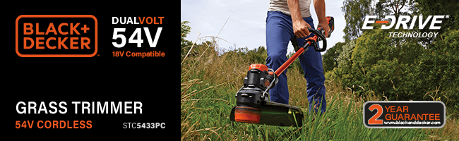 BLACK+DECKER
Dualvolt 54v Cordless
Grass Trimmer 330mm BlackDecker STC5433PC 54v Cordless Dualvolt Grass Trimmer