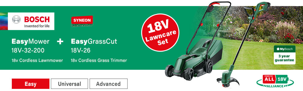 Bosch 18v Cordless EasyMower Lawnmower
and EasyGrassCut Grass Trimmer Set Bosch 18v Cordless EasyMower Lawnmower and EasyGrassCut Grass Trimmer Lawncare Set