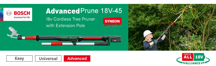 Bosch ADVANCEDPRUNE 18V-45 P4A
18v PowerForAll Cordless
Extension Pole Tree Pruner PowerForAll Bosch ADVANCEDPRUNE 18V-45 P4A 18v Cordless Extension Pole Tree Pruner