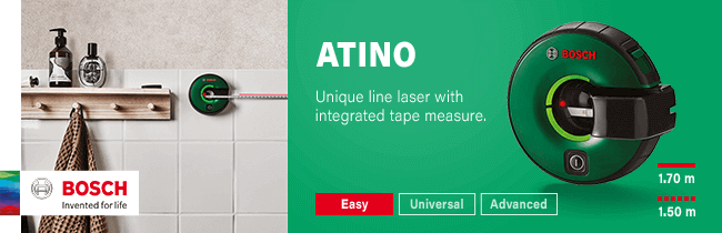 Bosch ATINO
Unique line laser with integrated tape measure. Bosch ATINO Line Laser Level Measuring Tape