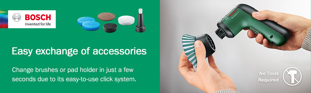 Interchangeable pads (e.g. kitchen, non-scratch) can
be easily attached thanks to hook-and-loop system.
Change brushes or pad holder in just a few seconds
due to its easy-to-use click system. Bosch UniversalBrush Accessories Interchangeable Change Brush Pad