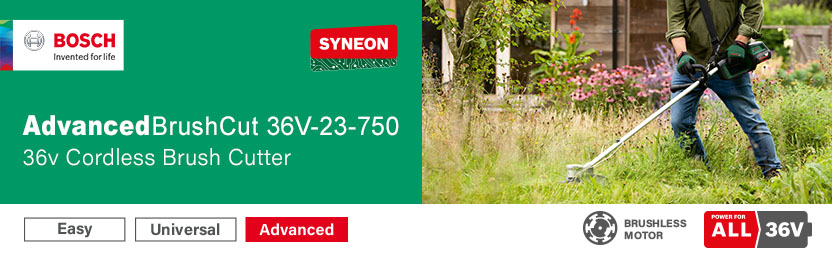 Bosch AdvancedBrushCut 36V-23-750 36V Cordless Brushless Brush Cutter – Syneon, Constant Electronic Control, Ergonomic Design, Power For All 36V Bosch AdvancedBrushCut 36V-23-750 36V cordless brush cutter in use on overgrown garden – brushless motor, Syneon technology, constant electronic power adjustment, ergonomic design, Power For All 36V