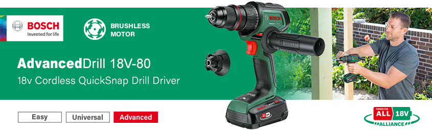 Bosch AdvancedDrill 18 PowerForAll
18v Cordless QuickSnap Brushless Drill Driver Bosch AdvancedDrill P4A PowerForAll 18v Cordless QuickSnap Drill Driver