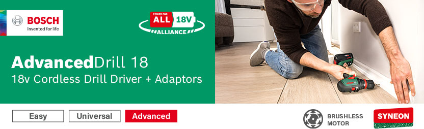 Bosch AdvancedDrill 18 — 18V Cordless Drill Driver & Adaptors Bosch AdvancedDrill 18 cordless drill driver with adaptors, brushless motor, 18V Alliance compatible