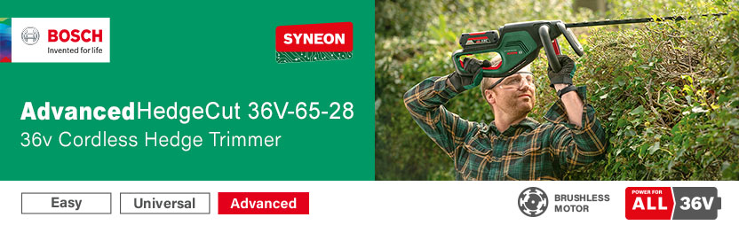 Bosch AdvancedHedgeCut 36V-65-28 36V cordless hedge trimmer in use – brushless motor, Syneon, lightweight ergonomic design, Power For All 36V