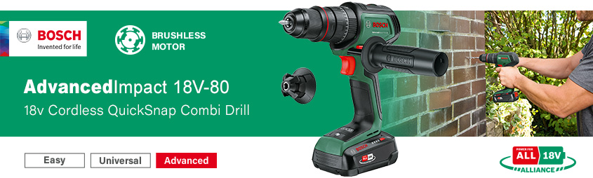 Bosch AdvancedImpact 18V-80 PowerForAll
18v Cordless QuickSnap Brushless Combi Drill Bosch AdvancedImpact 18V-80 P4A PowerForAll 18v Cordless QuickSnap Combi Drill