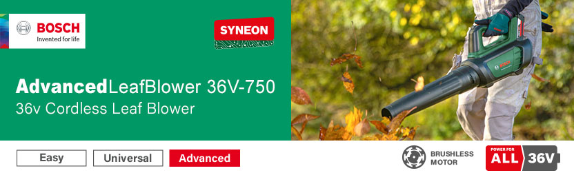 Bosch AdvancedLeafBlower 36V-750 36V Cordless Brushless Leaf Blower – Syneon, Power For All 36V Bosch AdvancedLeafBlower 36V-750 36V cordless leaf blower clearing autumn leaves – brushless motor, Syneon technology, Power For All 36V compatible
