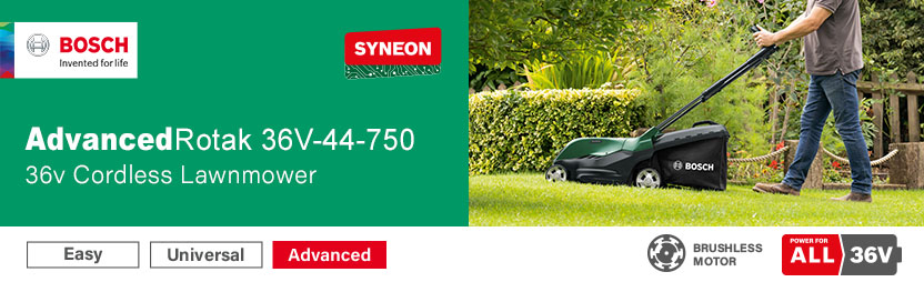 Bosch AdvancedRotak 36V-44-750 36V Cordless Brushless Lawnmower 440mm – Syneon, ErgoSlide Storage, Power For All 36V Bosch AdvancedRotak 36V-44-750 36V cordless lawnmower mowing a large garden lawn – brushless motor, Syneon technology, ErgoSlide compact storage, Power For All 36V