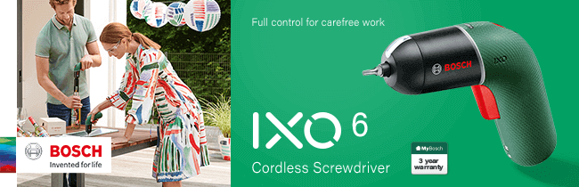Bosch IXO 6
Cordless Screwdriver
Compact, lightweight, and always ready. Bosch IXO6 Cordless Classic Screwdriver