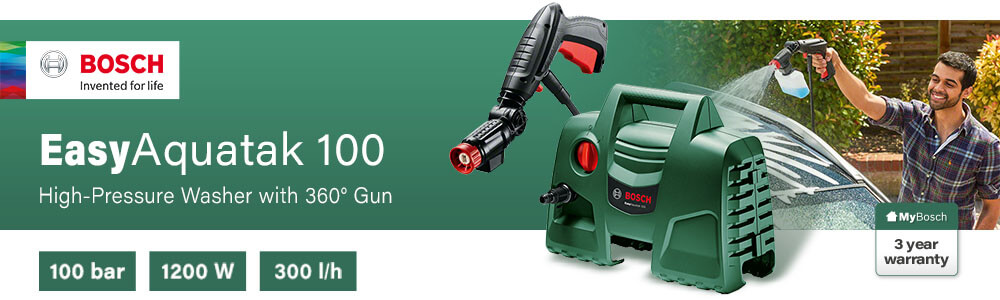 Bosch EASYAQUATAK 100
Pressure Washer 100 Bar with 360° Compact Trigger Gun Bosch EASYAQUATAK 100 Pressure Washer 100 Bar 360 Compact Trigger Gun