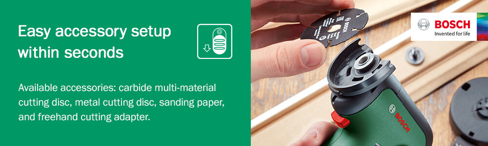 Easy accessory setup within seconds
Accessories can be changed easily by
pressing the spindle lock button and using
the key integrated in the cover hood. Bosch EasyCut&Grind Accessories Interchangeable