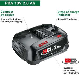 Bosch PBA W-B 18V 2.0Ah Li-Ion Battery – 18V Power For All Alliance, Compact Design, State of Charge Indicator Bosch PBA W-B 18V 2.0Ah Power For All cordless li-ion battery with 4-step LED state of charge indicator and compact slim profile design