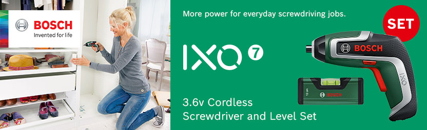 Bosch IXO VII
3.6v Cordless Screwdriver
and Pocket Spirit Level Set Bosch IXO VII 3.6v Cordless Screwdriver Pocket Spirit Level Set