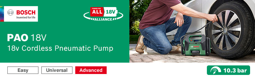 Bosch PAO 18V Cordless Pneumatic Pump Air Compressor – Power for All Alliance Bosch PAO 18V cordless pneumatic pump air compressor, part of the 18V Power for All Alliance
