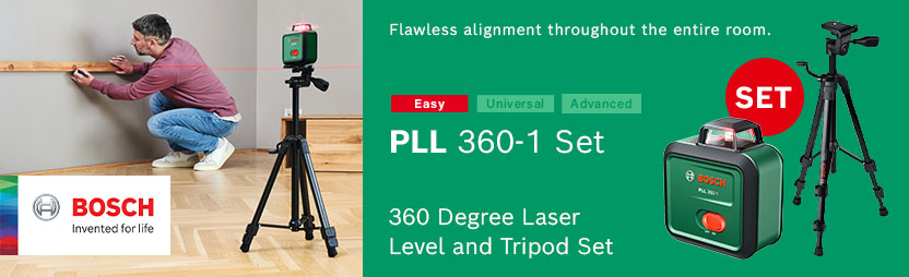 Bosch PLL 360-1 Set 360 Degree Laser Level and Tripod Set – Flawless Room Alignment, 3 Year Warranty Bosch PLL 360-1 Set 360 degree laser level and tripod set in use aligning shelving in a living room – 3 year MyBosch warranty