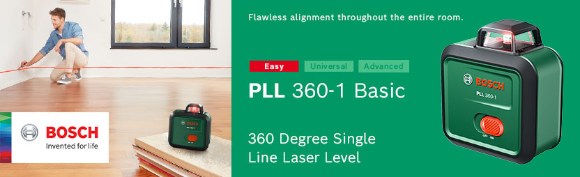 Bosch PLL 360-1 Basic 360 Degree Single Line Laser Level – Flawless Room Alignment, 3 Year MyBosch Warranty Bosch PLL 360-1 Basic 360 degree single line laser level in use projecting a red line across a living room – 3 year MyBosch warranty