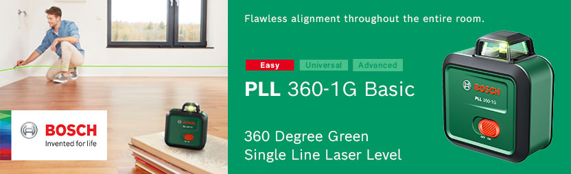 Bosch PLL 360-1G Basic 360 Degree Green Single Line Laser Level – Flawless Room Alignment Bosch PLL 360-1G Basic 360 degree green single line laser level in use projecting a green line across a room floor – flawless room alignment