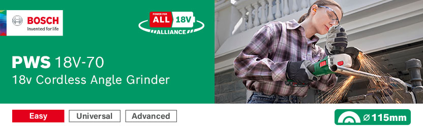 Bosch PWS 18V-70 18V Cordless Angle Grinder 115mm – Power for All Alliance Bosch PWS 18V-70 18V cordless angle grinder with 115mm disc, part of the 18V Power for All Alliance