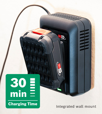 Fast charging, thanks to its
powerful 4.4A charging current Bosch PowerForAll P4A 18v Cordless Li-ion Battery 1.5ah and Fast 4.4A charging current Charger Integrated Wall Mount