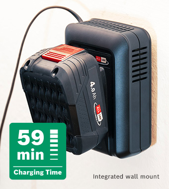 Fast charging, thanks to its
powerful 4.4A charging current Bosch PowerForAll P4A 18v Cordless Li-ion PBA Battery 4ah and Fast 4.4A charging current Charger Integrated Wall Mount