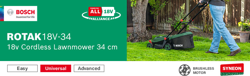 Bosch ROTAK 18V-34 18V Cordless Brushless Lawnmower 340mm – Brushless Motor, Syneon, Power For All 18V Alliance Bosch ROTAK 18V-34 18V cordless lawnmower mowing around a garden tree – brushless motor, Syneon technology, Power For All 18V Alliance compatible