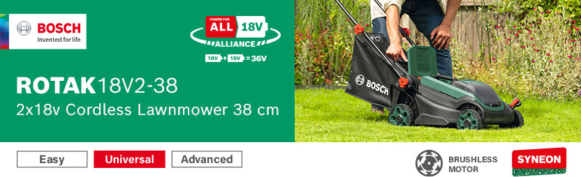 Bosch ROTAK 18V2-38 36V Cordless Brushless Lawnmower 380mm – 2x18V Power For All Alliance, Brushless Motor, Syneon Bosch ROTAK 18V2-38 2x18V cordless lawnmower emptying grass bag in a garden – brushless motor, Syneon technology, Power For All 18V Alliance 2x18V 36V system