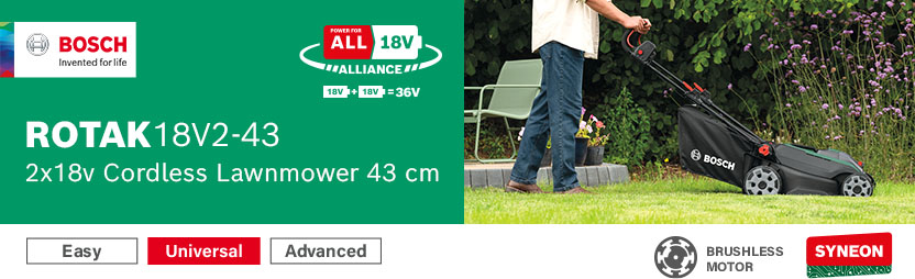 Bosch ROTAK 18V2-43 36V Cordless Brushless Lawnmower 430mm – 2x18V Power For All Alliance, Brushless Motor, Syneon Bosch ROTAK 18V2-43 2x18V cordless lawnmower in use on a garden path – brushless motor, Syneon technology, Power For All 18V Alliance 2x18V 36V system