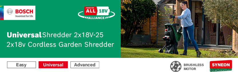 Bosch UniversalShredder 2x18V-25 36V Cordless Garden Shredder – Brushless Motor, Syneon, Power For All Alliance Bosch UniversalShredder 2x18V-25 36V cordless garden shredder – brushless motor, Syneon technology, 18V Power For All Alliance compatible