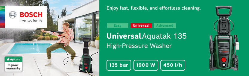 Bosch UniversalAquatak 135
Self-priming Pressure Washer Bosch UniversalAquatak 135 Pressure Washer self-priming compact push-fit hose connection