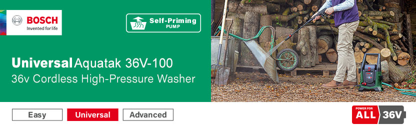 Bosch UniversalAquatak 36V-100 36V cordless pressure washer – self-priming pump, onboard hose storage, Power For All 36V