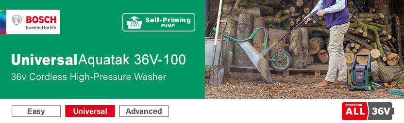 Bosch UniversalAquatak 36V-100
36v Cordless Pressure Washer 100 Bar Bosch UniversalAquatak 36V-100 36v Cordless Pressure Washer 100 Bar