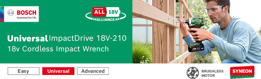 Bosch UniversalImpactDrive 18V-210 18V Cordless Impact Driver – Brushless Motor, Syneon, Power For All Alliance Bosch UniversalImpactDrive 18V-210 18V cordless impact driver in use on a timber fence – brushless motor, Syneon technology, Power For All Alliance compatible