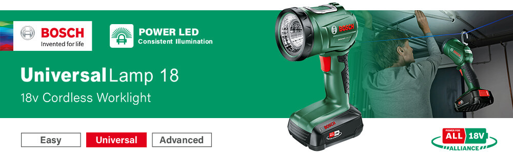 Bosch Power for All 18V Lampe à main sans fil UniversalLamp 18 (18 V,  lithium-ion, sans batterie, flux lumineux: 100 lm)