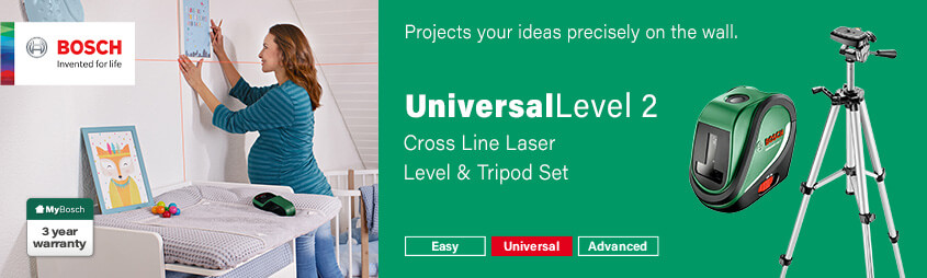 Bosch UniversalLevel 2
Cross-Line Laser Level & Tripod Set Bosch 0603663803 UniversalLevel2 Cross Line Laser Level Tripod Set