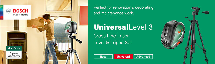 Bosch UniversalLevel 3
Cross-Line Laser Level & Tripod Set Bosch 0603663905 UniversalLevel3 Cross Line Laser Level Tripod Set