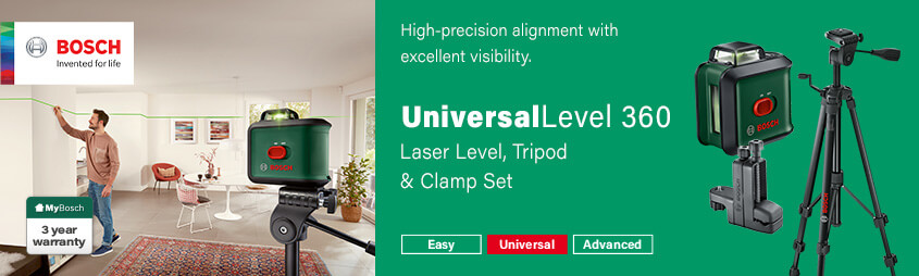 Bosch UniversalLevel 360
Self-Levelling Cross-Line Green Laser Level, Tripod & Clamp Set Bosch 0603663E07 UniversalLevel360 Green Self-Levelling Laser Level Tripod Clamp Set