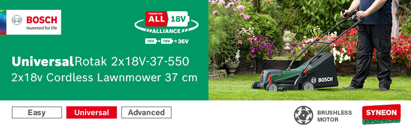 Bosch UniversalRotak 2x18V-37-550 36V Cordless Brushless Lawnmower 370mm – ErgoFlex Handles, 40L Bag, Syneon, Power For All 18V Alliance Bosch UniversalRotak 2x18V-37-550 2x18V cordless lawnmower mowing a garden lawn – brushless motor, Syneon technology, ErgoFlex handles, 40 litre collapsible grass bag, Power For All 18V Alliance